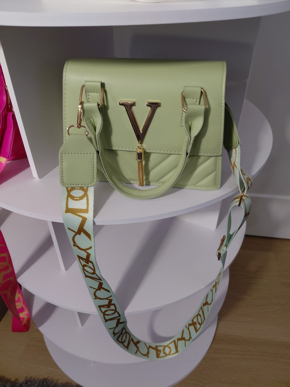 Mint Green Crossbody Satchel with Gold V Accent
